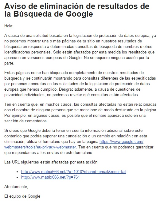 Comunicación por parte de Google