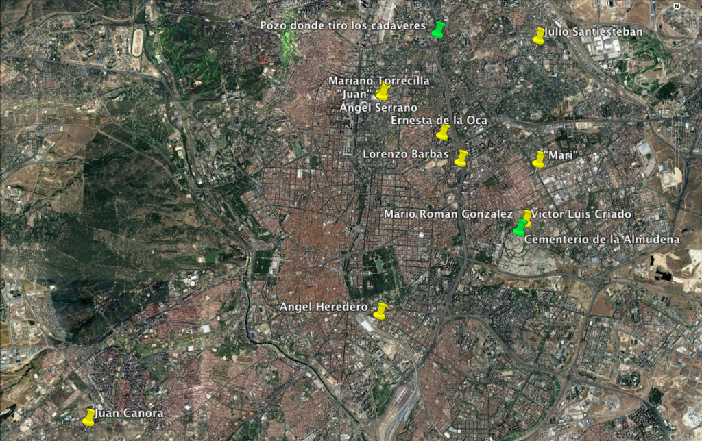 Mapa de Madrid con los lugares de sus asesinatos y donde tiró los cadáveres